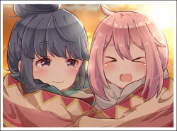 &gt;_&lt; 2girls blue_hair blue_scarf border closed_mouth double-parted_bangs green_scarf grey_scarf hair_bun highres kagamihara_nadeshiko looking_at_another multicolored_scarf multiple_girls open_mouth outdoors pink_hair purple_eyes red_scarf scarf shared_blanket shima_rin sidelocks single_hair_bun smile sorimachi-doufu striped_clothes striped_scarf sunset white_border yurucamp