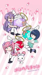 3girls animal bandaged_arm bandages bandaid black_eyes black_footwear blue_hair blunt_bangs bob_cut bow broken_heart closed_mouth copyright_name cross expressionless ezaki_bisuko green_sailor_collar green_skirt hair_between_eyes hairband halo heart hexagram highres holding holding_heart jewelry long_hair menhera-chan_(ezaki_bisuko) menhera-chan_(ezaki_bisuko)_(character) multiple_girls necklace open_mouth pill pink_background pink_bow pink_hair pink_hairband pink_sailor_collar pink_skirt pleated_skirt promotional_art purple_bow purple_hair purple_sailor_collar purple_skirt rabbit sabukaru-chan_(ezaki_bisuko) sailor_collar school_uniform serafuku short_hair short_twintails sidelocks skirt slime_(substance) smile sparkle star_of_david striped_background thighhighs twintails twitter_username usatan_(ezaki_bisuko) white_background white_serafuku white_thighhighs wings yami_kawaii yumekawa-chan_(ezaki_bisuko)