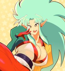 1girl 1990s_(style) absurdres bag big_hair breasts cleavage_cutout clothing_cutout dress earrings eyelashes green_hair hair_intakes hand_on_own_face hardkoba highres jewelry large_breasts open_mouth puffy_sleeves raised_eyebrows red_legwear ryouko_(tenchi_muyou!) shoulder_bag sidelocks solo spiked_hair tenchi_muyou! white_dress yellow_background yellow_eyes