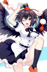 1girl :d belt bird_wings black_belt black_bow black_bowtie black_hair black_skirt black_socks black_wings bow bowtie breasts buttons camera collared_shirt commentary_request feathered_wings frilled_skirt frills geta hat highres holding holding_camera kneehighs one_eye_closed open_mouth pointy_ears pom_pom_(clothes) puffy_short_sleeves puffy_sleeves red_eyes red_hat red_shoes shameimaru_aya shirt shoes short_hair short_sleeves skirt small_breasts smile socks solo tanaka_shoushou_fumimaro tassel tengu-geta thighs tokin_hat touhou upper_body white_shirt wings