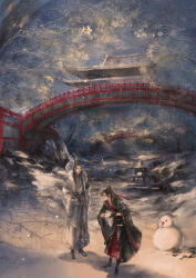 Rule 34 | 2boys, architecture, bare tree, black boots, black eyes, black gloves, black hair, black hanfu, boots, branch, bridge, chinese clothes, east asian architecture, faux traditional media, fingerless gloves, fur-trimmed robe, fur trim, gloves, hair ribbon, hanfu, high ponytail, highres, holding, holding snowball, implied yaoi, ink wash painting, kcllzas163, lan wangji, long hair, long sleeves, looking at another, male focus, modao zushi, multiple boys, outdoors, ponytail, railing, red ribbon, ribbon, robe, rock, sash, scenery, sky, smile, snow, snowball, snowing, snowman, standing, third-party source, topknot, tree, wei wuxian, white hanfu, wide sleeves, winter, winter clothes, xiao guan (headdress)