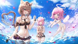 3girls ;) absurdres angel_wings animal animal_ears apron bikini bikini_top_only black_bikini black_dress black_necktie black_shorts blue_eyes blue_sky breasts brown_cat brown_hair can_(honkai_impact) cat_ears cat_girl cat_tail chinese_commentary cloud commentary_request dress elf_elysia elysia_(honkai_impact) elysia_(miss_pink_elf)_(honkai_impact) fake_horns falling_petals green_eyes halo highres holding holding_animal honkai_(series) honkai_impact_3rd horns maid_apron maid_headdress medium_breasts multiple_girls navel necktie official_art one-piece_swimsuit one_eye_closed outdoors pardofelis partially_submerged petals short_hair_with_long_locks short_shorts shorts sky smile stomach swimsuit tail white_apron white_one-piece_swimsuit wings yutian_alice