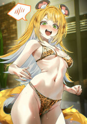 1girl absurdres aged_up alternate_breast_size alternate_costume animal_ear_fluff animal_ears animal_print bare_arms bikini blonde_hair blurry blush bokeh breasts colored_inner_hair commentary_request cowboy_shot depth_of_field fangs green_eyes hair_intakes highres joacy ju_fufu leopard_print long_hair looking_at_viewer medium_breasts multicolored_fur multicolored_hair open_mouth print_bikini skindentation smile solo spoken_blush sweat swimsuit tail teeth thighs tiger_ears tiger_girl tiger_tail upper_teeth_only yellow_bikini zenless_zone_zero