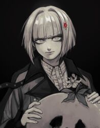 Rule 34 | 1girl, absurdres, anaizzzen, bright pupils, frown, gem, hair intakes, hair ornament, hands up, highres, holding, holding mask, jacket, looking at viewer, mask, oosuzuki kurara, red gemstone, shirt, short hair, solo, spot color, the hundred line -last defense academy-, unworn mask, upper body