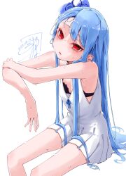 1girl absurdres bare_legs black_bra blue_hair blue_ribbon bow bra breasts cleavage commentary_request dress empty_eyes hair_bow head_tilt highres hot kotonoha_aoi kuuneru514 leaning_on_object long_hair looking_at_viewer open_mouth outstretched_arms red_eyes ribbon sidelocks signature simple_background sitting sleeveless solo sweat underwear very_long_hair voiceroid white_background white_dress