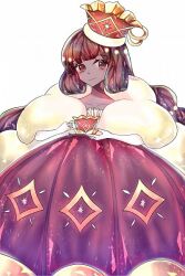 1girl alternate_skin_color animification artist_request bare_shoulders beads blush brown_eyes cocoa_cookie cocoa_cookie_(enchanted_waltz) collarbone commentary_request cookie_run cup dress hair_beads hair_ornament hat humanization indoors non-web_source official_alternate_costume red_dress red_hat standing teacup tilted_headwear