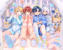 4boys :/ :d :o absurdres apron averting_eyes bandaid bandaid_on_finger bandaid_on_leg bird black_hair blue_boots blue_bow blue_bowtie blue_eyes blue_shirt blue_shoes blue_shorts blue_sleeves blunt_bangs blush boots bow bowtie candy cat cat_tail changpao chinese_clothes clenched_hands cloud_tattoo commentary_request crayon crescent curtains d: deadpan detached_sleeves earrings expressionless facial_hair fang fishnet_thighhighs fishnets food footwear_bow four-finger_heart_hands frilled_apron frills grey_eyes hair_between_eyes hair_ornament hairclip hat heart heart_hands highres jacket jersey_maid jewelry kneehighs knees_up leg_warmers lightning_bolt_symbol long_sleeves looking_at_viewer looking_to_the_side loose_socks maid maid_apron maid_headdress male_focus mary_janes mask mole mole_under_eye mouth_mask multiple_boys mustache name_tag nervous no_shoes open_mouth orange_hair original panda paper parted_bangs penguin pink_bow pink_jacket pink_track_suit platform_shoes red_hair school_uniform scissors shirt shoes short_hair shorts shy single_fishnet_legwear sitting sleeves_past_wrists smile sneakers socks star_(symbol) stuffed_animal stuffed_toy sun sun_symbol sun_tattoo sweatdrop tail tan tattoo teardrop_tattoo teddy_bear teeth thighhighs top_hat track_suit trap turtleneck turtleneck_jacket umbrella unconventional_maid upper_teeth_only v-shaped_eyebrows very_short_hair waist_apron wariza white_apron white_hair white_shoes white_socks wide_sleeves wrapped_candy x_hair_ornament yellow_bow yellow_bowtie yellow_shoes yuxi zipper_pull_tab