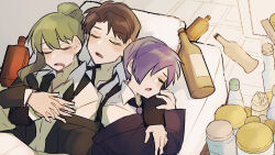 Rule 34 | 3boys, black hair, black jacket, black necktie, bottle, closed eyes, couch, drooling, empty bottle, green hair, hair bun, hair over one eye, hug, jacket, jar, library of ruina, loose necktie, lying, lying on person, male focus, messy room, mouth drool, multiple boys, nakame77, necktie, netzach (project moon), off shoulder, on back, on couch, open collar, project moon, purple hair, purple jacket, roland (project moon), short hair, single hair bun, sleeping, sleeping together, undone collar, upper body, yesod (project moon)