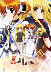 Rule 34 | 2girls, absurdres, arf, axe, bardiche (device form) (nanoha), bardiche (nanoha), belt, black cape, black gloves, black leotard, black ribbon, black shirt, black socks, blonde hair, blue eyes, brown shoes, cape, closed mouth, collared shirt, commentary, crossed belts, dress, fate testarossa, fate testarossa (original form), ferret, full body, gloves, hair ribbon, hand on own chest, higa yukari, highres, holding, holding axe, holding hands, holding staff, leotard, long hair, long sleeves, looking at viewer, lyrical nanoha, mage staff, magic circle, mahou shoujo lyrical nanoha, medium hair, multiple girls, multiple views, open mouth, raising heart, raising heart (device mode), red cape, red eyes, ribbon, sailor collar, school uniform, shirt, shoes, short sleeves, shorts, socks, staff, standing, standing on magic circle, symbol-only commentary, takamachi nanoha, takamachi nanoha (original mode), twintails, two-sided cape, two-sided fabric, very long hair, watermark, white dress, white ribbon, white sailor collar, white shorts, white socks, winter uniform, wolf, yuri, yuuno scrya