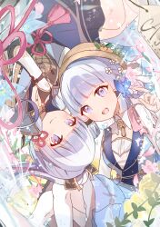 2girls absurdres aqua_dress aqua_eyes aqua_hair armor ayaka_(genshin_impact) blunt_bangs blunt_tresses blush braid breasts bridal_gauntlets brown_hat butterfly_hair_ornament closed_mouth collarbone crown_braid draw_happy_set dress flower genshin_impact hair_flower hair_ornament hat hat_flower headgear highres kamisato_ayaka kamisato_ayaka_(springbloom_missive) long_hair long_sleeves looking_at_viewer lying medium_breasts multiple_girls official_alternate_costume official_alternate_hairstyle open_mouth pantyhose smile