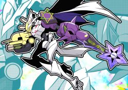 Rule 34 | arm blade, blue eyes, cape, digimoji, digimon, digimon (creature), full body, fusion, highres, hololive, listener (inugami korone), mecha, mitosupa (qsiqydfz7nesh9w), omegamon, robot, shiokko (murasaki shion), solo focus, sword, translated, virtual youtuber, weapon, white cape, zoom layer