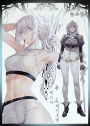 1girl absurdres boots gyudong123 highres navel pants shoes sweat sweatdrop tagme tying_hair white_hair