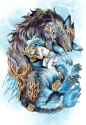 Rule 34 | 1girl, blue hair, bracelet, closed eyes, collar, dalamud (menphina), final fantasy, final fantasy xiv, full body, gold collar, headpiece, highres, jewelry, lying, lying on animal, medium hair, menphina, metal collar, on side, sandals, sao (saowee), skirt, white skirt, wolf