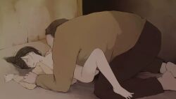 1boy 1girl age_difference barefoot bottomless boy_on_top breasts brown_hair brown_shirt closed_eyes fat fat_man functionally_nude kneeling loli lying lying_on_person nipples on_back original otohime_(youngest_princess) sexually_suggestive shirt size_difference you_gonna_get_raped