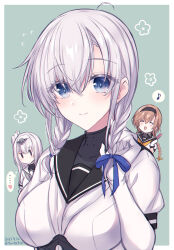 3girls black_sailor_collar bodysuit commentary_request fuyutsuki_(kancolle) gloves hair_between_eyes highres kabocha_torute kantai_collection long_hair low_twintails multiple_girls neckerchief one-hour_drawing_challenge sailor_collar smile solo_focus suzutsuki_(kancolle) teruzuki_(kancolle) twintails white_bodysuit white_gloves white_neckerchief