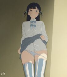 1girl artist_logo basori_tiara black_hair blue_bow blue_bowtie blue_thighhighs bow bowtie clothes_lift commentary cowboy_shot furrowed_brow grey_skirt highres keihh logo long_sleeves make_heroine_ga_oo_sugiru! mole mole_on_neck mole_on_thigh paid_reward_available panties school_uniform skindentation skirt skirt_lift solo standing straight-on striped_clothes striped_thighhighs thighhighs tsuwabuki_high_school_uniform two-tone_thighhighs two_side_up underwear vertical-striped_clothes vertical-striped_thighhighs white_thighhighs