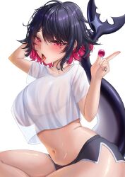 1girl arm_up black_hair blush breasts candy colored_inner_hair cotton_noir ellen_joe fins fish_tail food highres holding holding_candy holding_food holding_lollipop large_breasts lollipop looking_at_viewer mole mole_under_eye multicolored_hair navel open_mouth red_eyes red_hair see-through_clothes see-through_shirt shark_girl shark_tail shirt short_sleeves simple_background solo stomach tail thighs tongue tongue_out white_background white_shirt zenless_zone_zero