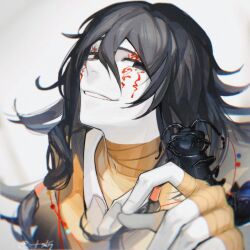 1boy bandaged_hand bandages black_hair blurry blurry_foreground bug centipede collared_shirt colored_skin facial_tattoo film_grain grin hair_between_eyes highres long_bangs long_hair male_focus portrait shirt shixi_710 simple_background smile solo tattoo touqi_guaitan white_background white_shirt white_skin ziche_fuzhao