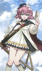 1girl :d absurdres ahoge aqua_eyes artist_name bag black_cape black_hat blue_sky brown_bag brown_hair cape cloud coat dated dress envelope feet_out_of_frame flutterpage hat highres holding holding_envelope long_sleeves low_twintails mailbag official_alternate_costume open_mouth puffy_long_sleeves puffy_sleeves reverse:1999 short_twintails shoulder_bag signature sky smile socks solo twintails white_coat white_dress white_socks yitai_zhi_meng