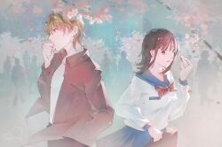Rule 34 | 1girl, absurdres, akiyama shinichi, blonde hair, blue background, blue sailor collar, blue skirt, bow, bowtie, brown coat, brown eyes, brown hair, cherry blossoms, coat, gensou getsumen rt, highres, kanzaki nao, liar game, red bow, red bowtie, sailor collar, school uniform, shirt, skirt, tree, white shirt