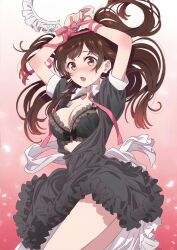 Rule 34 | 1girl, blush, bound, bound wrists, bra, breasts, brown eyes, brown hair, dress, highres, kanojo okarishimasu, long hair, looking at viewer, mizuhara chizuru, official art, restrained, simple background, thighs, underwear, very long hair