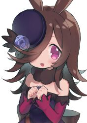 Rule 34 | 1girl, animal ears, bare shoulders, blue flower, blue rose, commentary, detached sleeves, flower, hair over one eye, highres, horse ears, long hair, open mouth, pink eyes, rice shower (umamusume), rose, simple background, solo, umamusume, white background, zudzuki