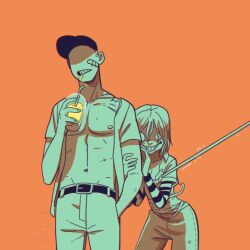 1boy 1girl arm_up bandaged_chest bandages bandaid bandaid_on_cheek bandaid_on_face bare_pectorals baseball_cap belt belt_buckle buckle collarbone cup drink drinking_straw grin groin hair_between_eyes hand_in_pocket hands_on_another&#039;s_arm hat holding holding_cup holding_drink navel no_eyes no_pupils off_(game) open_clothes open_shirt orange_background pants pectorals scar scar_on_shoulder short_sleeves simple_background smile standing sucre_(off) tanblaque teeth the_batter_(off) white_eyes
