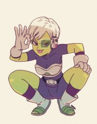 &gt;:) 1girl boots breasts cheelai cleavage colored_skin dragon_ball dragon_ball_super dragon_ball_super_broly full_body gloves green-tinted_eyewear green_skin hand_on_own_knee medium_breasts purple_eyes ryan_jampole scouter short_hair signature smile solo spread_legs squatting tinted_eyewear tongue tongue_out white_boots white_gloves white_hair