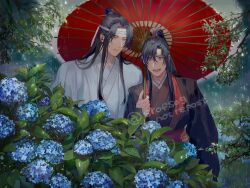 Rule 34 | 2boys, :d, black eyes, black hair, black hanfu, blue flower, branch, chinese clothes, closed mouth, couple, flower, hair between eyes, hand on another&#039;s waist, hanfu, headband, high ponytail, holding, holding umbrella, hydrangea, lan wangji, leaf, long hair, long sleeves, looking at another, looking at viewer, male focus, modao zushi, multiple boys, oil-paper umbrella, open mouth, outdoors, parted bangs, plant, ponytail, rain, red sash, red umbrella, robe, sash, shared umbrella, sidelocks, sleeves past wrists, smile, srofsog, standing, topknot, tree, twitter username, umbrella, upper body, watermark, wei wuxian, white hanfu, white headband, wide sleeves, yaoi, yellow eyes