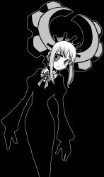 1girl absurdres deus_ex_maki-chan dress highres horns long_hair looking_at_viewer mechanical_horns monochrome nazo_no_diaboro open_mouth original ringed_eyes simple_background smile solo wide-eyed