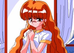 1990s_(style) 1girl animahjong animahjong_x animated animated_gif breasts female_focus indoors long_hair looking_at_viewer lowres matching_hair/eyes nakajima_atsuko nipples orange_eyes orange_hair pc-98_(style) pc98 pixel_art retro_artstyle rumi_(animahjong) see-through_clothes small_breasts sogna solo undressing viper_(series)