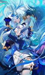 2girls asymmetrical_gloves black_gloves blue_dress blue_eyes blue_hair blue_hat blue_jacket blue_nails closed_eyes colored_inner_hair commentary_request dress eyelash_ornament face-to-face focalors_(genshin_impact) furina_(genshin_impact) genshin_impact gloves gradient_clothes gradient_dress hat highres hirai_yuzuki jacket juliet_sleeves light_particles long_hair long_sleeves looking_at_another mismatched_gloves multicolored_hair multiple_girls ouji_fashion parted_lips puffy_sleeves shorts streaked_hair top_hat wavy_hair white_gloves white_shorts