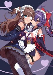 Rule 34 | 2girls, absurdres, ahoge, alternate costume, apron, blue eyes, brown hair, commission, commissioner upload, detached sleeves, dress, eyepatch, fishnet pantyhose, fishnets, flower, frilled dress, frills, hair flower, hair ornament, hair ribbon, heart, heart hands, highres, kunai, long sleeves, mahjong soul, maid, maid apron, maid headdress, medical eyepatch, multiple girls, ninja, non-web source, obi, official alternate costume, original, pantyhose, ponytail, purple hair, ransei (mahjong soul), red eyes, ribbon, rose, sash, shinomiya fuyumi, skeb commission, thighhighs, weapon, white flower, white rose, yaya eshage
