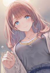 1girl belt blue_eyes blunt_bangs blush breasts brown_hair cardigan closed_mouth collarbone dress earrings from_below highres holding indoors jewelry long_hair long_sleeves looking_at_viewer medium_breasts mimikaki mochizuki_honami necklace project_sekai smile solo tomoaki18237859 upper_body