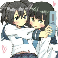 2girls black_hair black_rock_shooter blue_sailor_collar blue_skirt cellphone cellphone_strap friends green_eyes kuroi_mato multiple_girls phone pleated_skirt polm sailor_collar school_uniform serafuku short_twintails skirt takanashi_yomi twintails