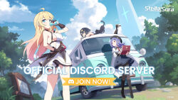 3girls ahoge amber_(stella_sora) backless_shirt black_cat black_footwear black_gloves black_hair black_pantyhose blonde_hair blue_eyes blue_skirt blue_sky boots breasts can cat cat_stretch collared_shirt commentary computer copyright_name copyright_notice day discord_logo dress_shirt drink_can drinking dutch_angle energy_drink english_commentary english_text framed_breasts gloves hand_on_own_hip highres holding holding_can holding_laptop iris_(stella_sora) juliet_sleeves knee_boots lace-up_boots laptop long_hair long_sleeves lying motor_vehicle multiple_girls necktie new_star_guild_(stella_sora) noya_(stella_sora) official_art on_stomach on_van outdoors pantyhose parted_bangs pink_eyes puffy_sleeves purple_hair recreational_vehicle red_necktie shirt short_hair sideboob sideless_shirt sidelocks skirt sky standing star-shaped_pupils star_(symbol) stella_sora stretching symbol-shaped_pupils the_pose van white_shirt yellow_eyes