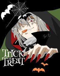 1boy artist_name bat_(animal) black_cloak candy cloak fang food food_in_mouth gin_(meitantei_conan) halloween halloween_costume happy_halloween highres hood hooded_cloak lollipop looking_at_viewer male_focus meitantei_conan paseri_(l7dgtxtsnlmfwlb) red_eyes red_nails silk solo spider_web trick_or_treat