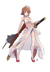 Rule 34 | 1girl, bikini, black bikini, brown eyes, brown hair, dixie cup hat, hat, highres, kantai collection, katana, military hat, mismatched bikini, navel, neve (morris-minicooper), richard p. leary (kancolle), rigging, sarong, scabbard, sheath, sheathed, short hair, smile, solo, swimsuit, sword, thighhighs, weapon, white bikini, white sarong, white thighhighs