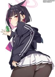 1girl animal_ears ass black_hair black_jacket blue_archive blush cat_ears colored_inner_hair cowboy_shot food hair_ornament hairclip halo highres hood hood_down hooded_jacket jacket kazusa_(blue_archive) macaron multicolored_hair panties panties_under_pantyhose pantyhose pink_hair red_eyes short_hair sidelocks simao_(x_x36131422) simple_background skirt solo underwear white_background