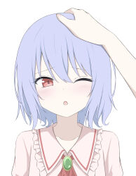 1girl 1other ;o anime_coloring blue_hair blush bright_pupils close-up collarbone commentary frilled_shirt_collar frills gem green_gemstone hair_between_eyes hand_on_another&#039;s_head happy headpat highres looking_at_viewer no_headwear one_eye_closed open_mouth out_of_frame pink_shirt portrait pov pov_hands raised_eyebrows red_eyes remilia_scarlet shirt short_hair simple_background smile solo_focus straight-on szl touhou white_background