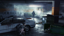 1boy 1girl assault_rifle bare_legs black_hair car commentary dumpster gun hiding highres holding holding_gun holding_weapon holster holstered hummer jun_(5455454541) loafers mask motor_vehicle on_one_knee original rifle scope shoes smoke sports_utility_vehicle thigh_holster tom_clancy&#039;s_the_division trash weapon