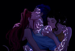 3girls black_background black_hair body_markings bra bra_peek bra_strap cracy_girls dark_background dutch_braided_ponytail girl_sandwich glowing_markings group_sex hickey highres kiss kissing_neck kissing_shoulder kpop_demon_hunters mira_(kpop_demon_hunters) multiple_girls pink_hair purple_hair rumi_(kpop_demon_hunters) sandwiched threesome underwear yuri zoey_(kpop_demon_hunters)