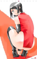 Rule 34 | 1girl, artist logo, artist name, ass, black boots, black hair, boots, boruto: naruto next generations, character name, dress, from behind, full body, glasses, high heel boots, high heels, highres, logo, looking at viewer, looking back, mike156, naruto (series), red-framed eyewear, red dress, semi-rimless eyewear, short dress, short hair, side slit, solo, squatting, thigh boots, thighs, uchiha sarada