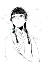 1girl blunt_bangs dated highres kusuriya_no_hitorigoto long_hair maomao_(kusuriya_no_hitorigoto) monochrome outdoors simple_background solo upper_body wind yoakedori914moz