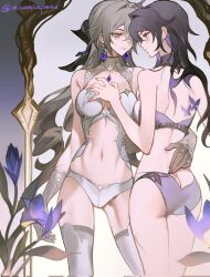 Rule 34 | 2girls, bare shoulders, black hair, breasts, bronya rand, butterfly tattoo, closed mouth, corrupted twitter file, drill hair, earrings, from behind, gloves, grey hair, hand on another&#039;s chest, highres, honkai: star rail, honkai (series), jewelry, long hair, looking at another, mie xing, multiple girls, navel, purple hair, seele (honkai: star rail), smile, standing, stomach, tattoo, thighhighs, very long hair, yuri