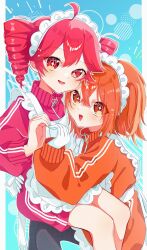 2girls a.i._voice adachi_rei ahoge apron blue_background gloves heart heart_hands heart_hands_duo highres jacket jersey_maid kasane_teto long_sleeves looking_at_viewer maid maid_apron maid_headdress multiple_girls orange_eyes orange_hair orange_jacket red_eyes red_hair red_jacket shigure_(rinky_creater) track_jacket unconventional_maid utau white_gloves
