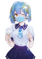 1girl ahoge bear blue_hair blunt_bangs blunt_ends blush bob_cut brooch cloud_hair_ornament cloud_print collared_shirt crescent crescent_hair_ornament earrings earth-chan food green_hair hair_between_eyes hair_ornament highres holding holding_food holding_ice_cream ice_cream ice_cream_cone index_finger_raised jewelry logo looking_at_viewer mask melting mouth_mask multicolored_hair nasa_logo necktie niniidawns one_eye_closed original pleated_skirt polar_bear satellite shirt shirt_tucked_in short_hair short_sleeves shorts signature simple_background skirt solo space_print starry_sky_print sun_hair_ornament surgical_mask tareme two-tone_hair undersized_animal upper_body white_background yellow_eyes