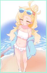 absurdres axe bikini blonde_hair blue-tinted_eyewear blue_archive breasts cosplay eyewear_on_head frilled_bikini frills green_eyes hair_bun hair_ornament highres holding holding_axe hoshino_(blue_archive) hoshino_(blue_archive)_(cosplay) hoshino_(swimsuit)_(blue_archive) ks_aya_(gztm4838) loli long_hair midriff official_alternate_costume piper_wheel small_breasts sunglasses swimsuit tinted_eyewear trait_connection white_bikini zenless_zone_zero