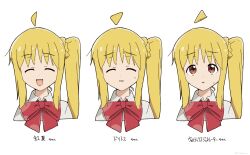 Rule 34 | 1girl, ^ ^, ahoge, balladeluce, blonde hair, bocchi the rock!, bow, bowtie, closed eyes, cropped torso, doritos, dress shirt, highres, ijichi nijika, long hair, looking at viewer, multiple views, open mouth, red bow, red bowtie, red eyes, shirt, side ponytail, simple background, smile, sweatdrop, translated, white background, white shirt