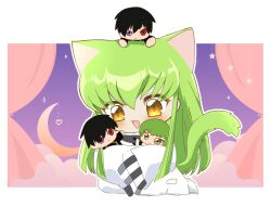 :d animal_ears ayuko_735 blush c.c. cat_ears cat_girl cat_tail character_doll chibi code_geass commentary_request crescent_moon curtains doll geass green_hair hair_between_eyes happy heart heterochromia highres holding holding_doll jacket kemonomimi_mode kneeling lelouch_vi_britannia long_hair long_sleeves looking_at_object looking_down moon open_mouth purple_background purple_eyes red_eyes sidelocks simple_background sleeves_past_fingers sleeves_past_wrists smile sparkle straight_hair tail tail_raised two-tone_background very_long_hair white_background white_jacket wide_sleeves yellow_eyes